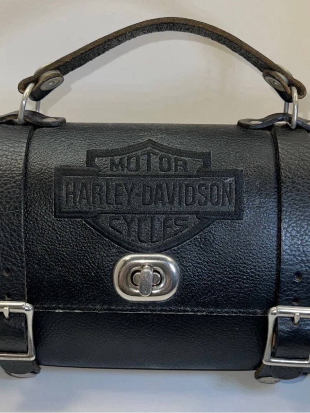 Harley-Davidson Black Leather Barrel Handle Bag with Embossed Logo